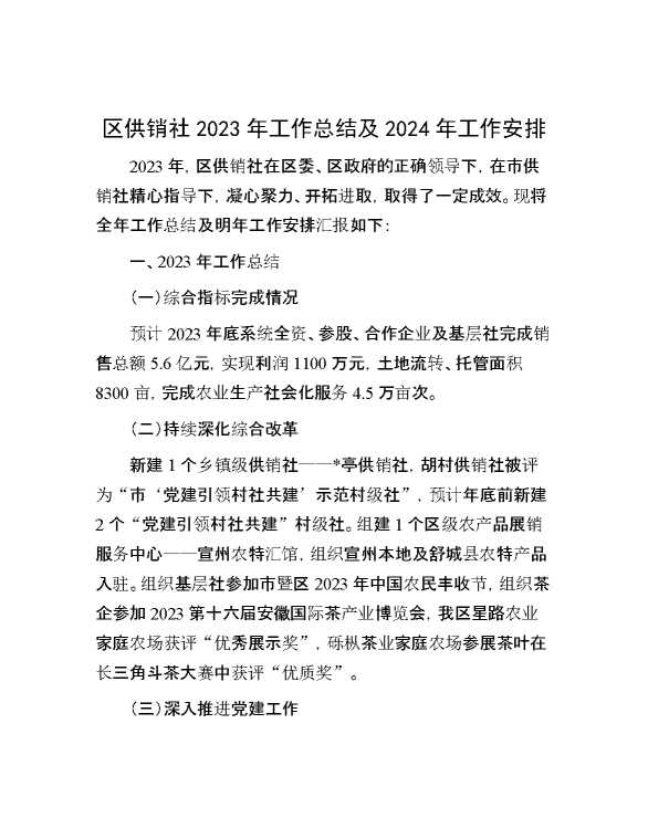 区供销社2023年工作总结及2024年工作安排