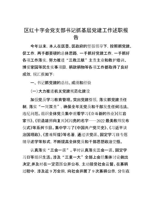 区红十字会党支部书记抓基层党建工作述职报告