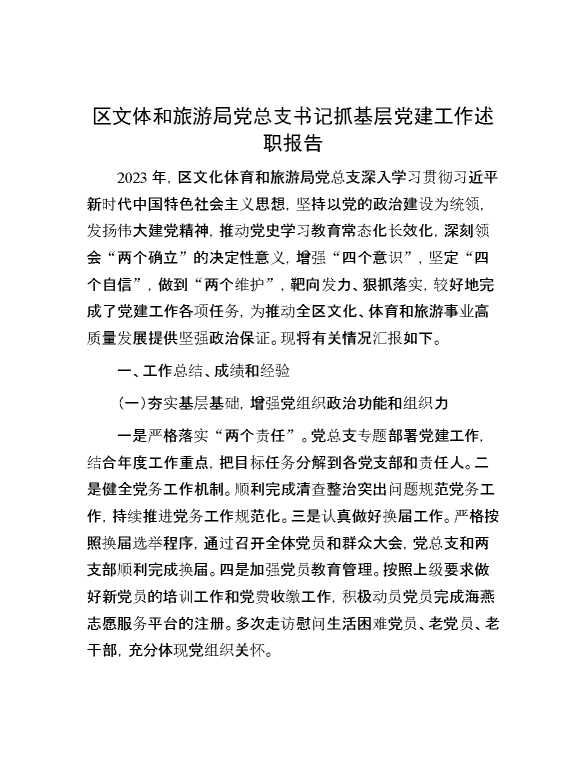 区文体和旅游局党总支书记抓基层党建工作述职报告