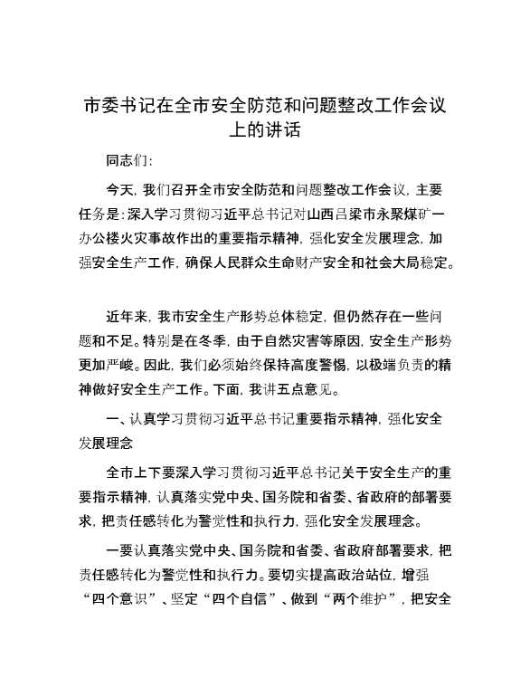 市委书记在全市安全防范和问题整改工作会议上的讲话