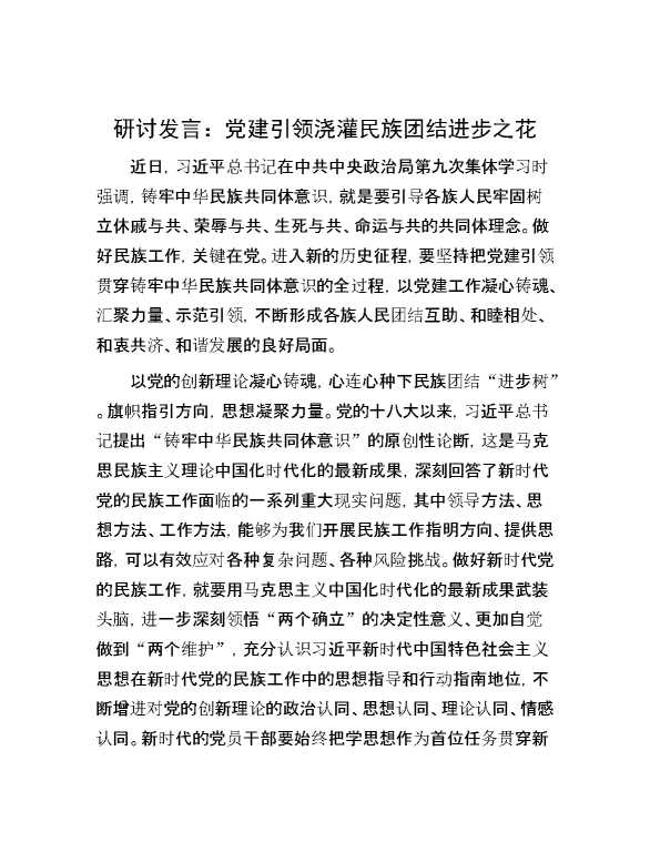 研讨发言：党建引领浇灌民族团结进步之花