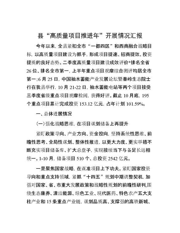 县“高质量项目推进年”开展情况汇报