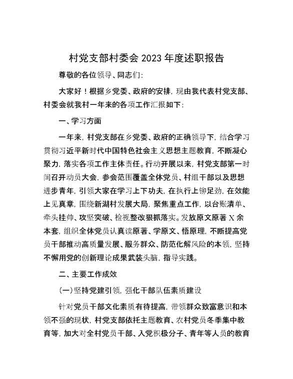 村党支部村委会2023年度述职报告