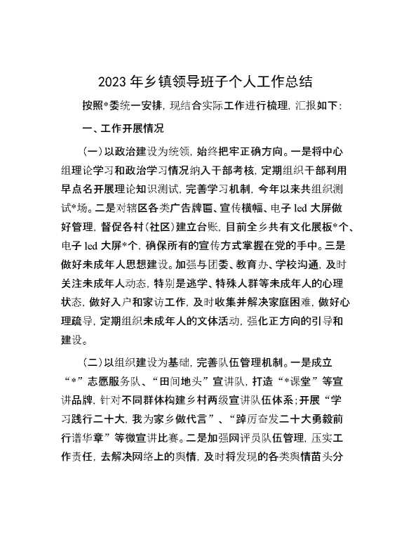 2023年乡镇领导班子个人工作总结