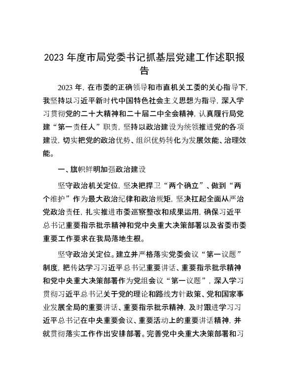 2023年度市局党委书记抓基层党建工作述职报告
