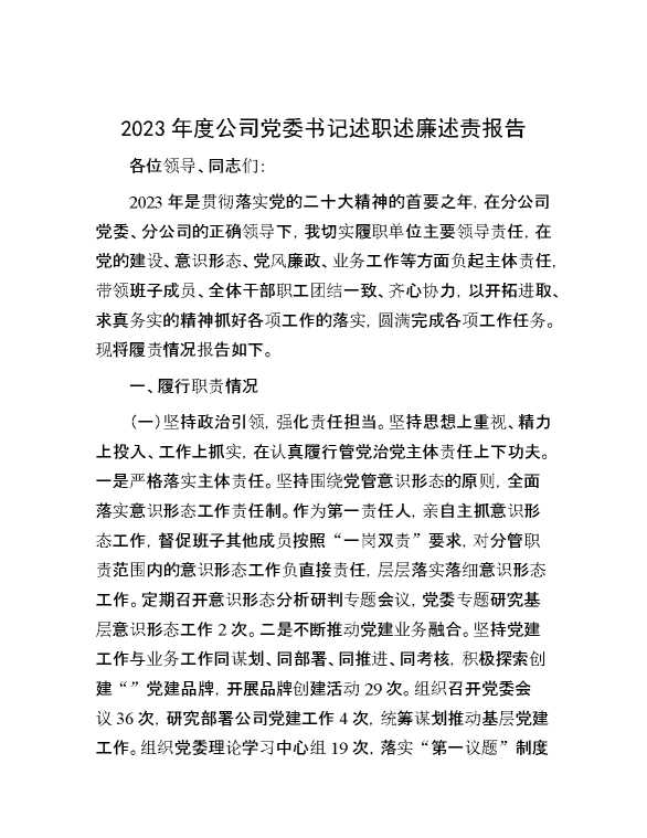 2023年度公司党委书记述职述廉述责报告