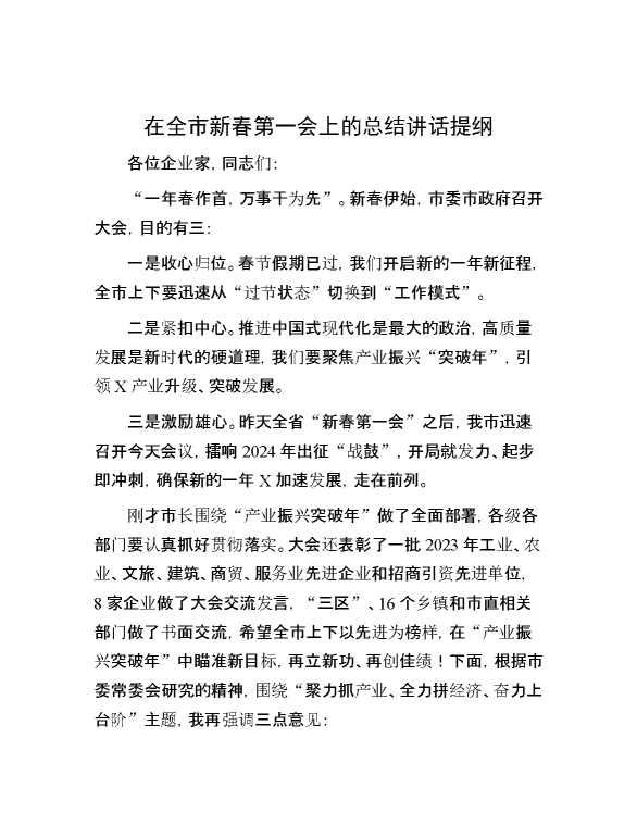 在全市新春第一会上的总结讲话提纲