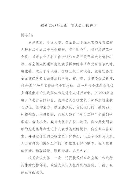 在镇2024年三级干部大会上的讲话