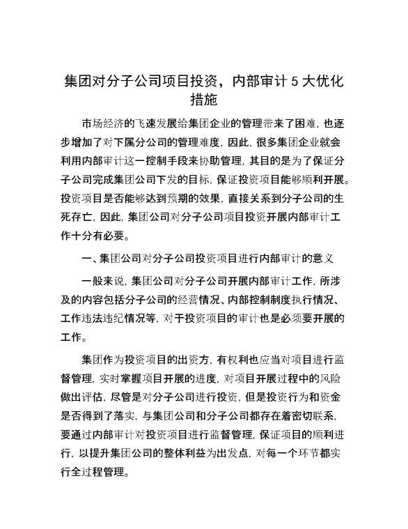 集团对分子公司项目投资，内部审计5大优化措施