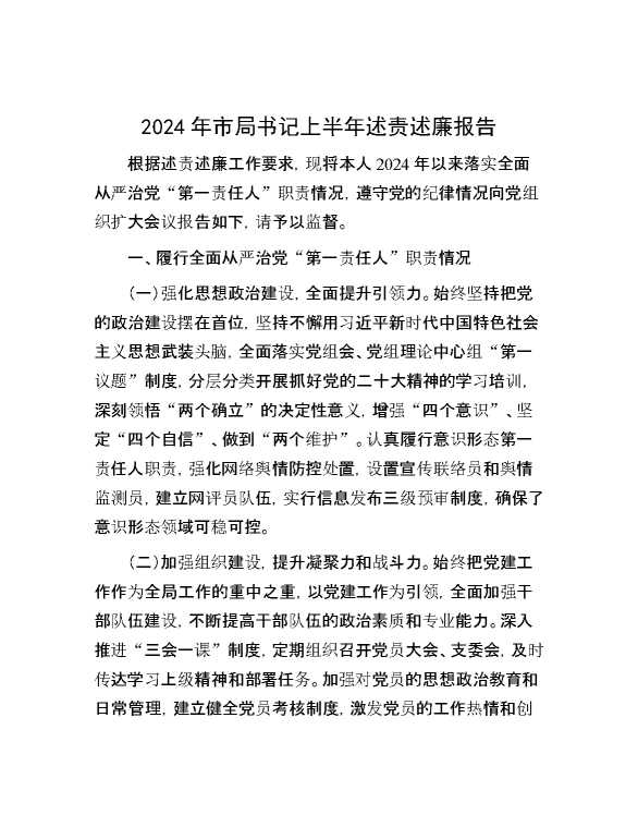 2024年市局书记上半年述责述廉报告