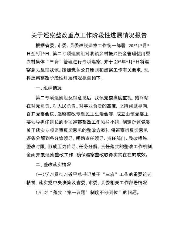 关于巡察整改重点工作阶段性进展情况报告