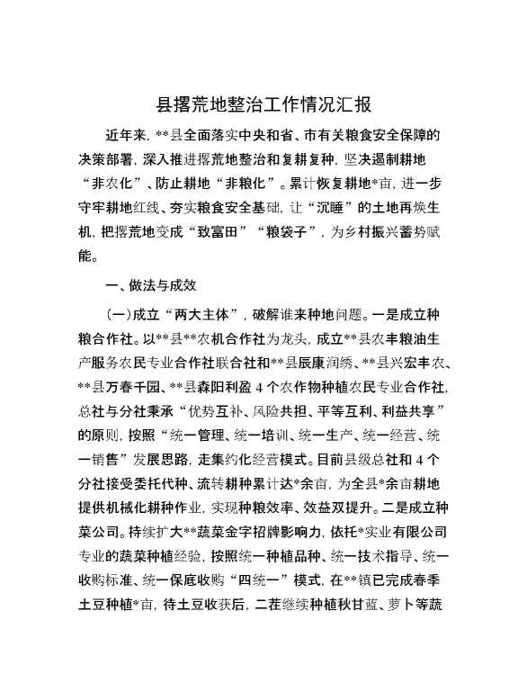 县撂荒地整治工作情况汇报