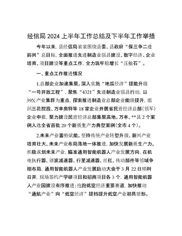 经信局2024上半年工作总结及下半年工作举措