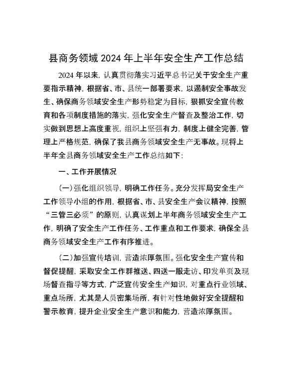 县商务领域2024年上半年安全生产工作总结
