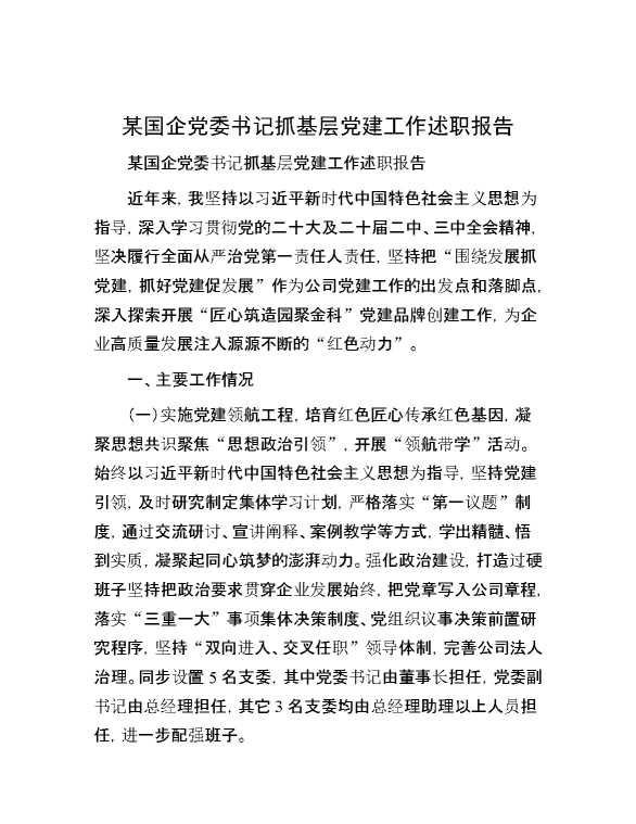 某国企党委书记抓基层党建工作述职报告