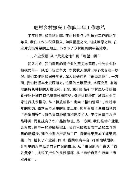 驻村乡村振兴工作队半年工作总结