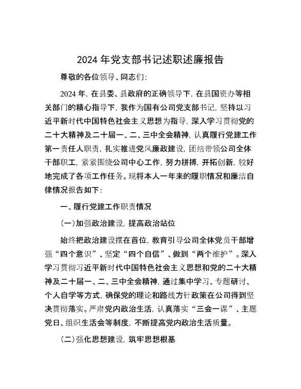 2024年党支部书记述职述廉报告