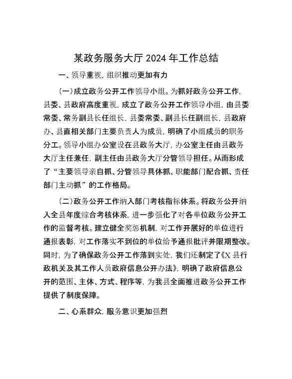 某政务服务大厅2024年工作总结
