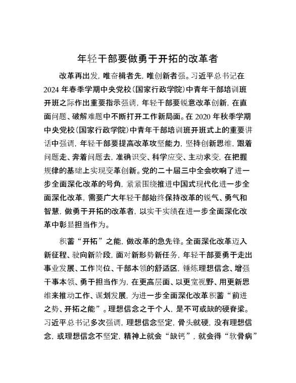 年轻干部要做勇于开拓的改革者