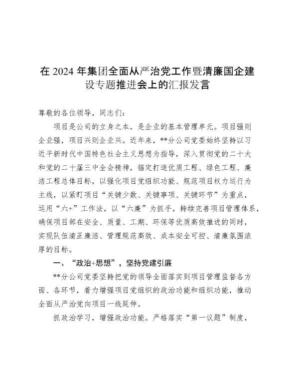 在2024年集团全面从严治党工作暨清廉国企建设专题推进会上的汇报发言
