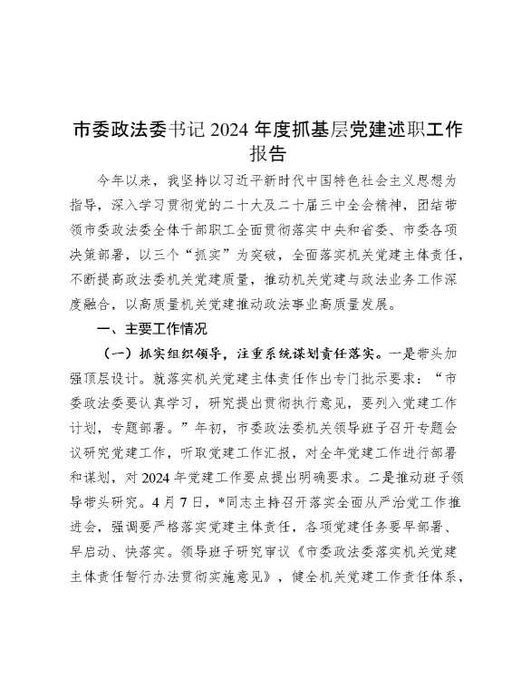 市委政法委书记2024年度抓基层党建述职工作报告