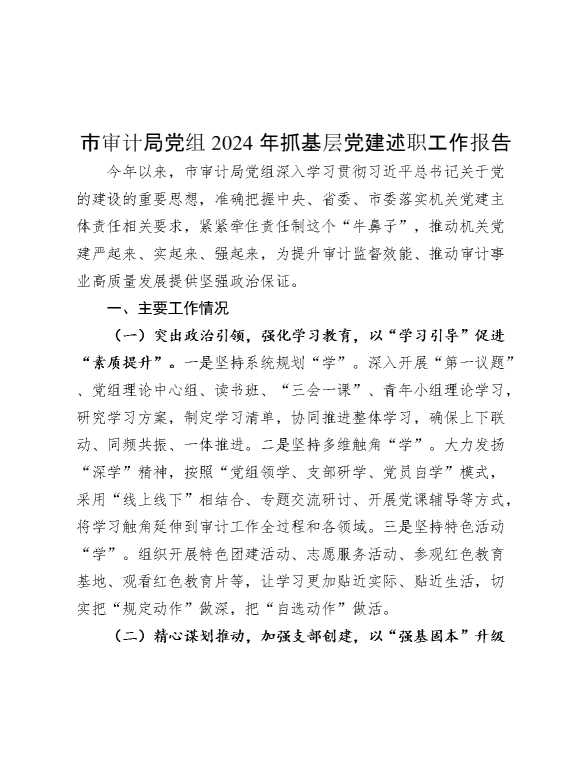 市审计局党组2024年抓基层党建述职工作报告