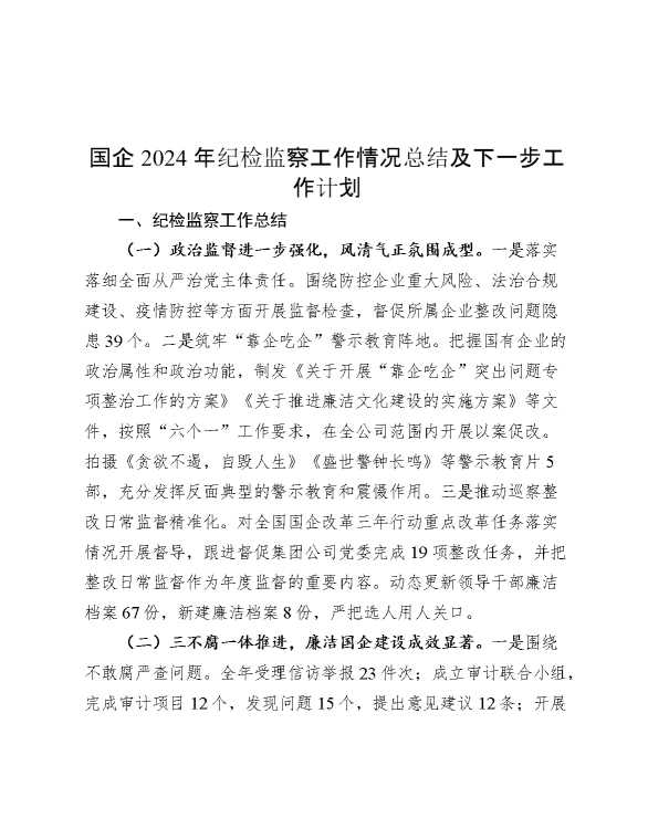国企2024年纪检监察工作情况总结及下一步工作计划
