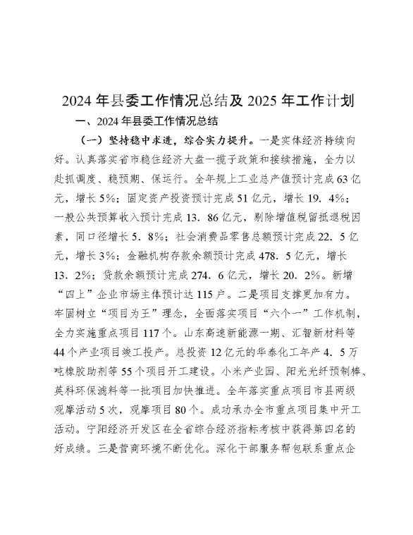 2024年县委工作情况总结及2025年工作计划