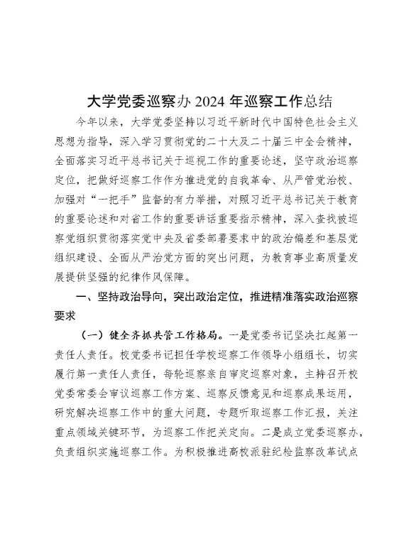 大学党委巡察办2024年巡察工作总结