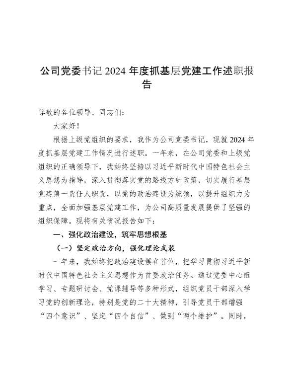 公司党委书记2024年度抓基层党建工作述职报告