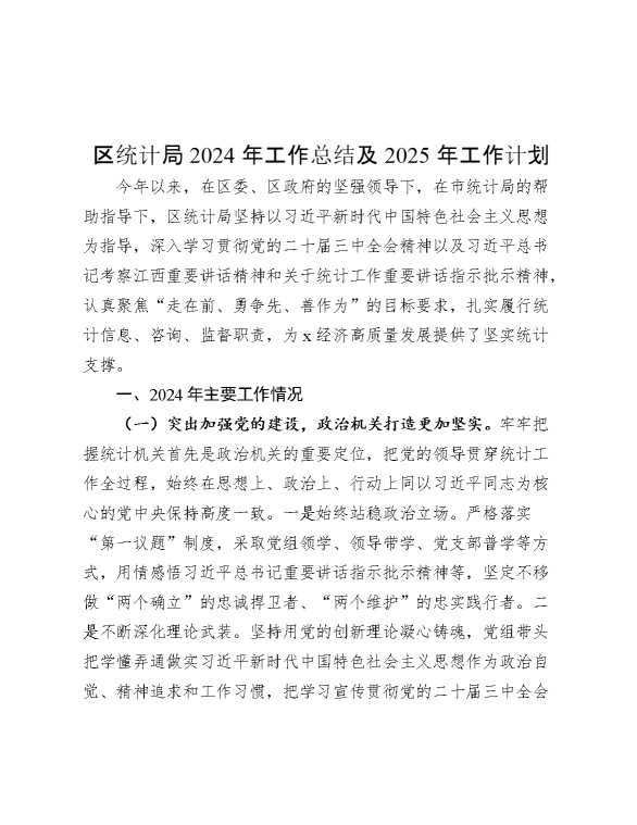区统计局2024年工作总结及2025年工作计划