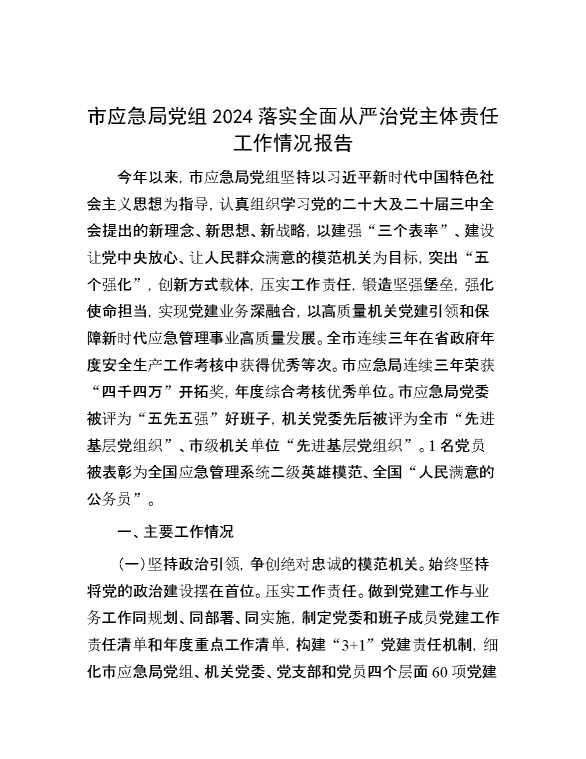 市应急局党组2024落实全面从严治党主体责任工作情况报告
