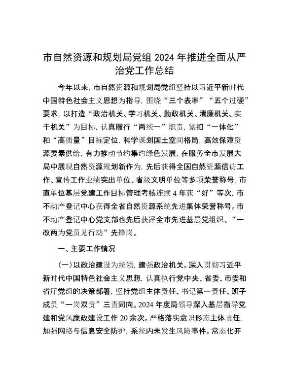 市自然资源和规划局党组2024年推进全面从严治党工作总结