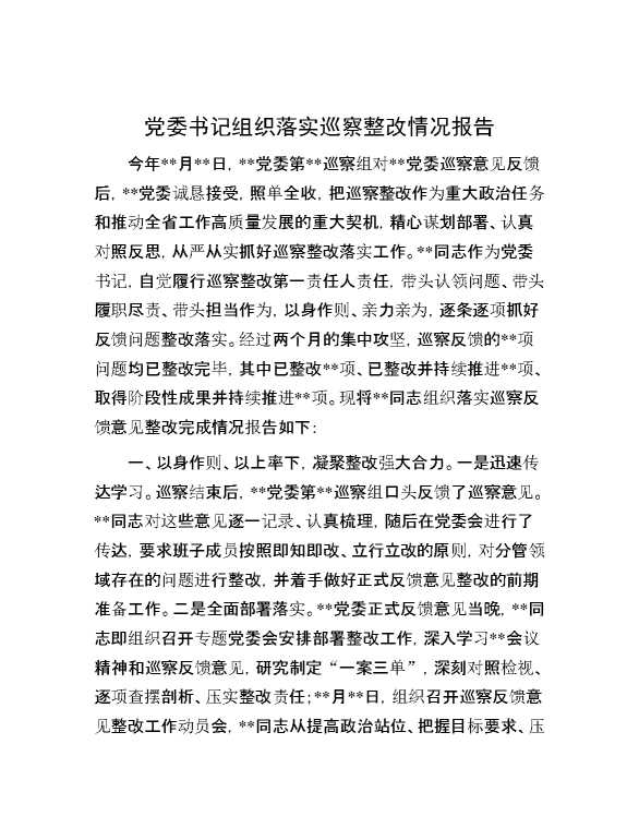 党委书记组织落实巡察整改情况报告