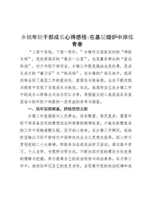 乡镇年轻干部成长心得感悟：在基层熔炉中淬炼青春
