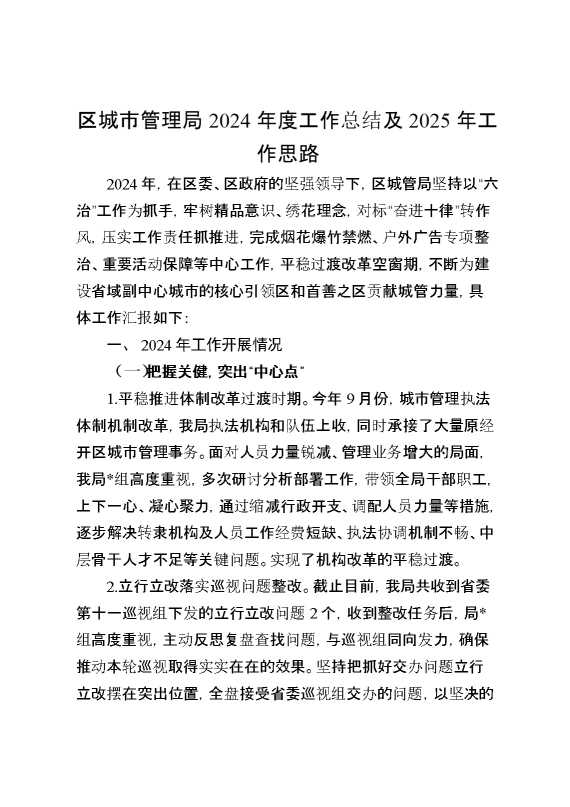 区城市管理局2024年度工作总结及2025年工作思路计划