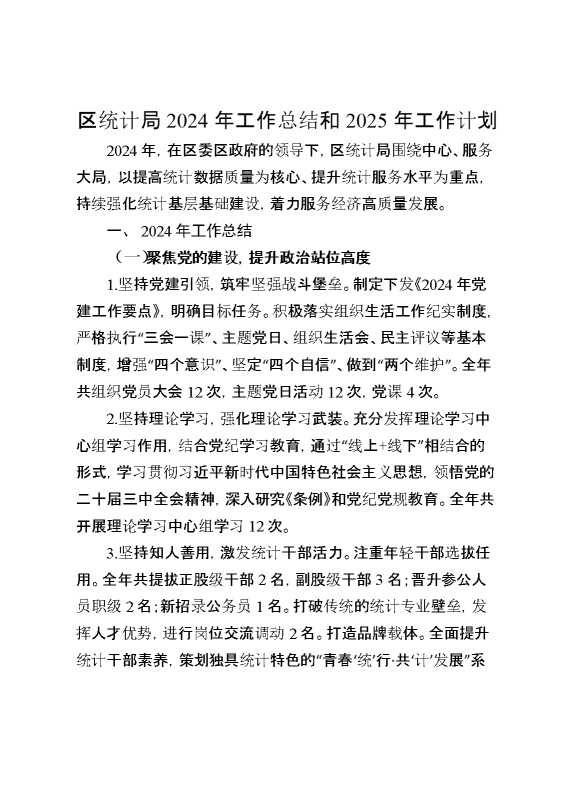 区统计局2024年工作总结和2025年工作计划