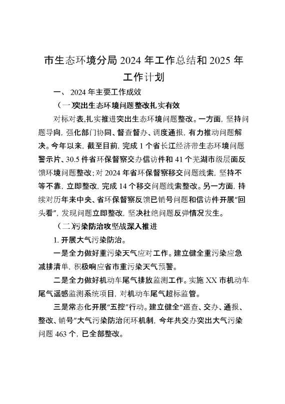 市生态环境分局2024年工作总结和2025年工作计划