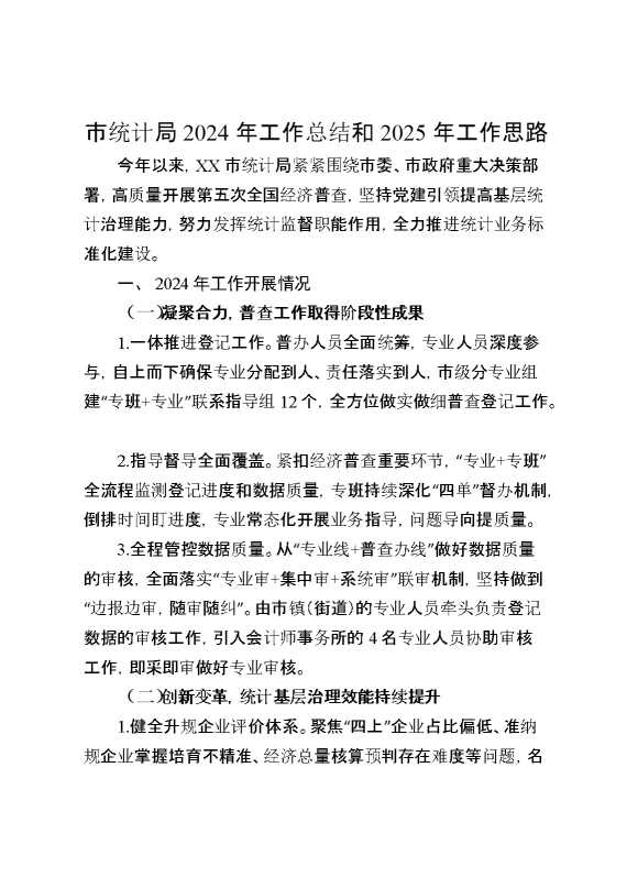 市统计局2024年工作总结和2025年工作思路