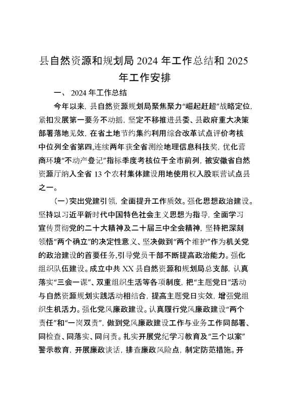 县自然资源和规划局2024年工作总结和2025年工作安排