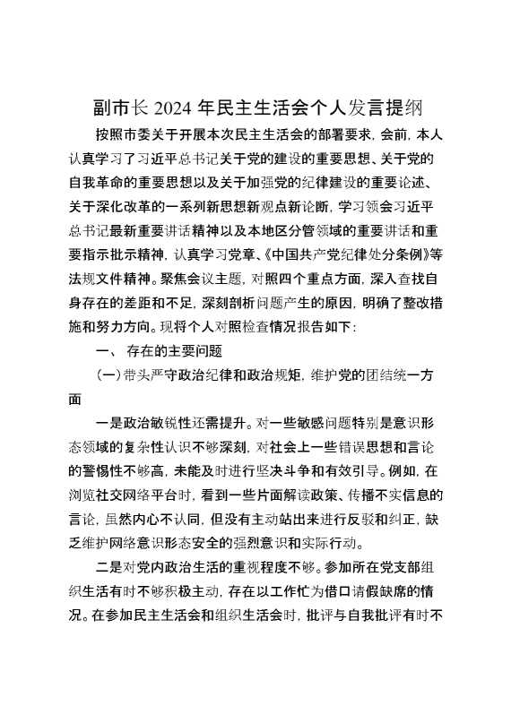 副市长2024年民主生活会个人发言提纲.1