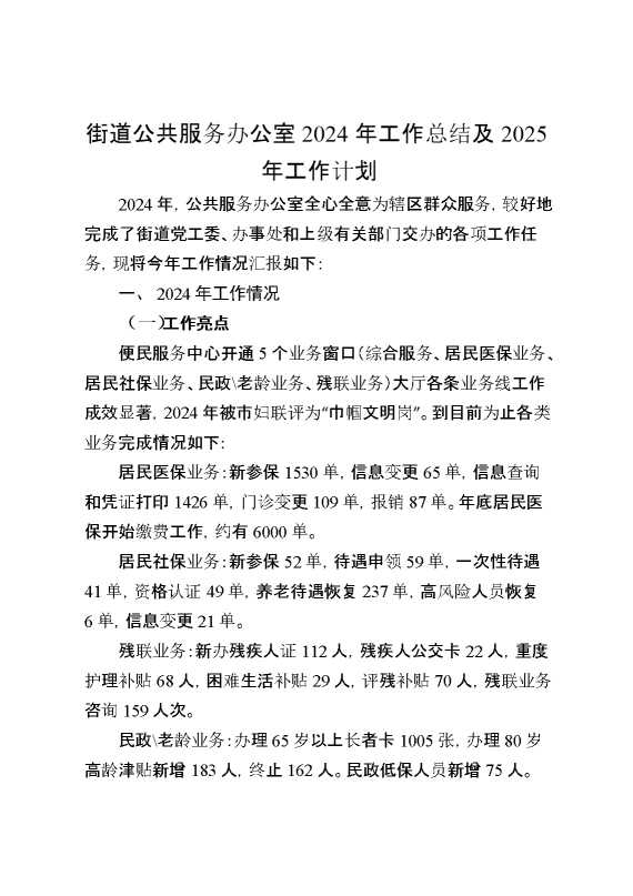 街道公共服务办公室2024年工作总结及2025年工作计划
