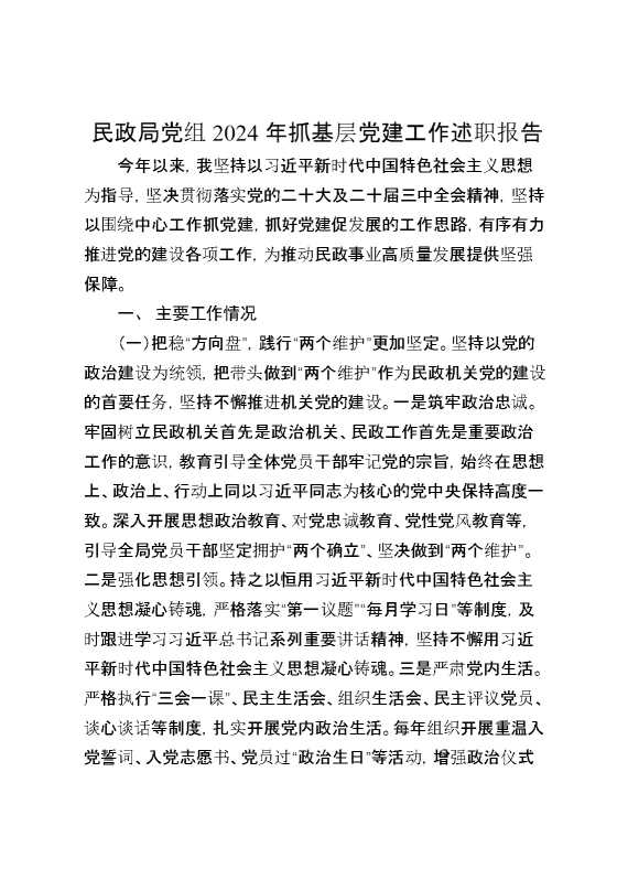 民政局党组2024年抓基层党建工作述职报告
