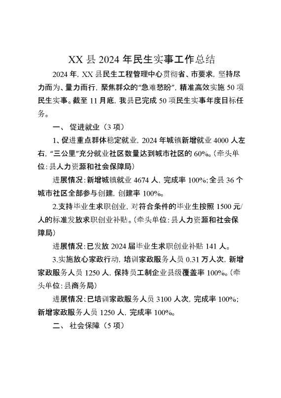 某县2024年民生实事工作总结