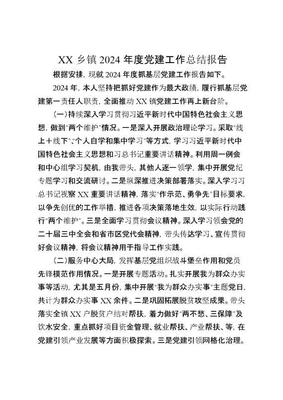某乡镇2024年度党建工作总结报告