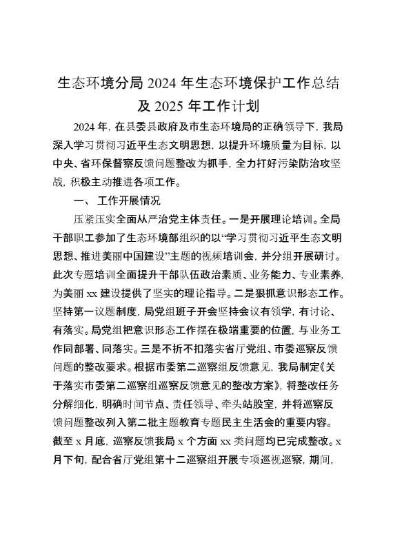 生态环境分局2024年生态环境保护工作总结及2025年工作计划
