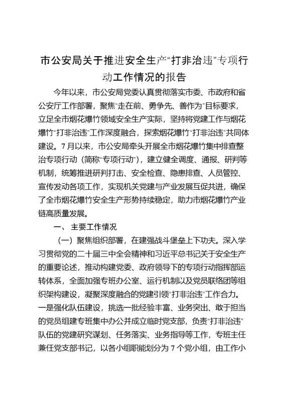 市公安局关于推进安全生产“打非治违”专项行动工作情况的报告