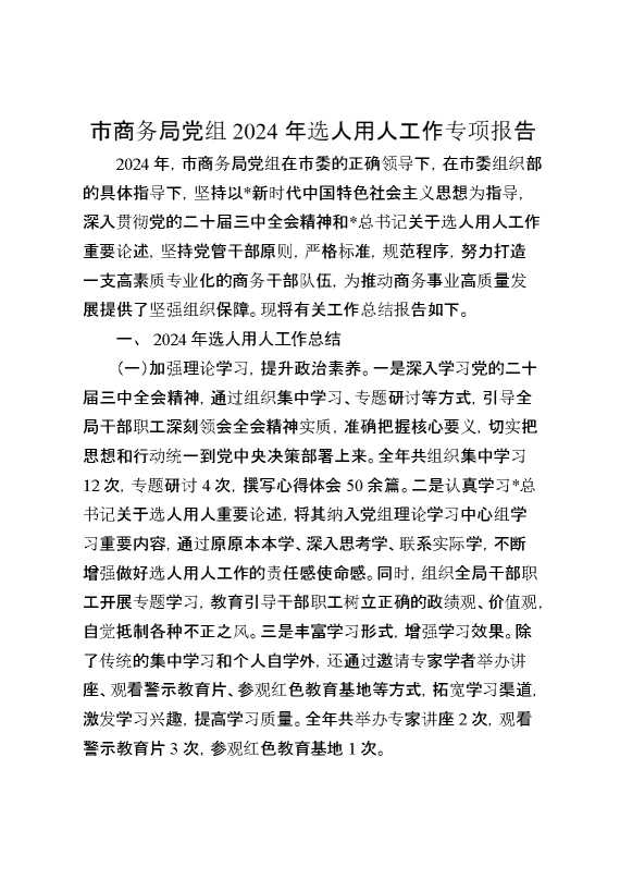 市商务局党组2024年选人用人工作专项报告