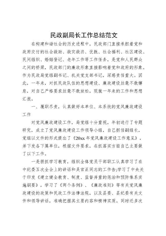 民政副局长工作总结范文