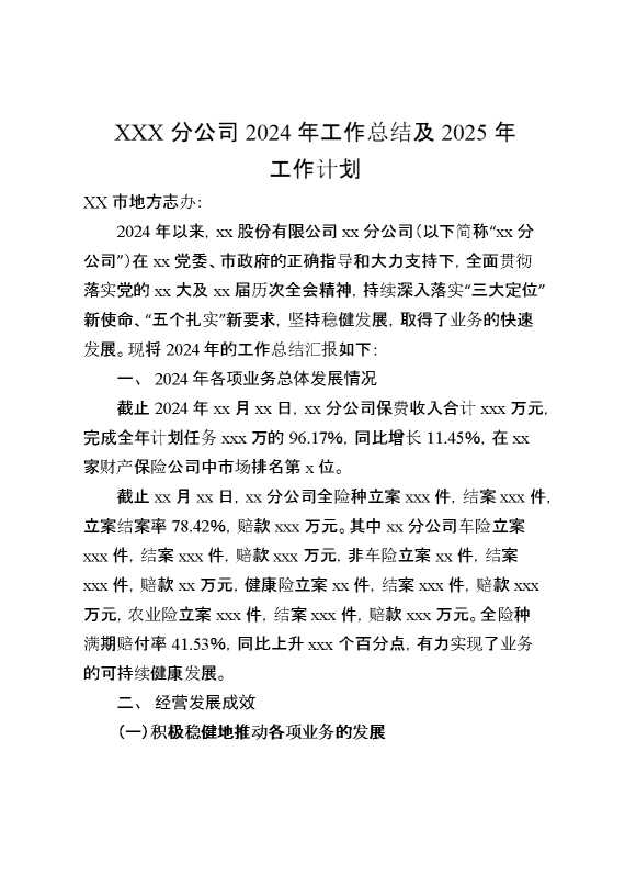 某分公司2024年工作总结及2025年工作计划